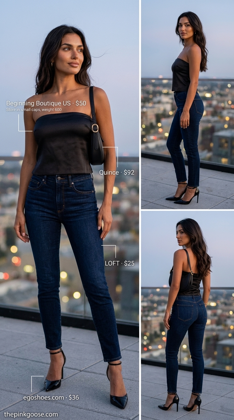 Midnight Rooftop Glam: Tube Top & Jeans Outfits 2026 Black satin tube top with dark indigo slim-fit jeans, stiletto heels, and mini shoulder bag for date night outfits 2026.