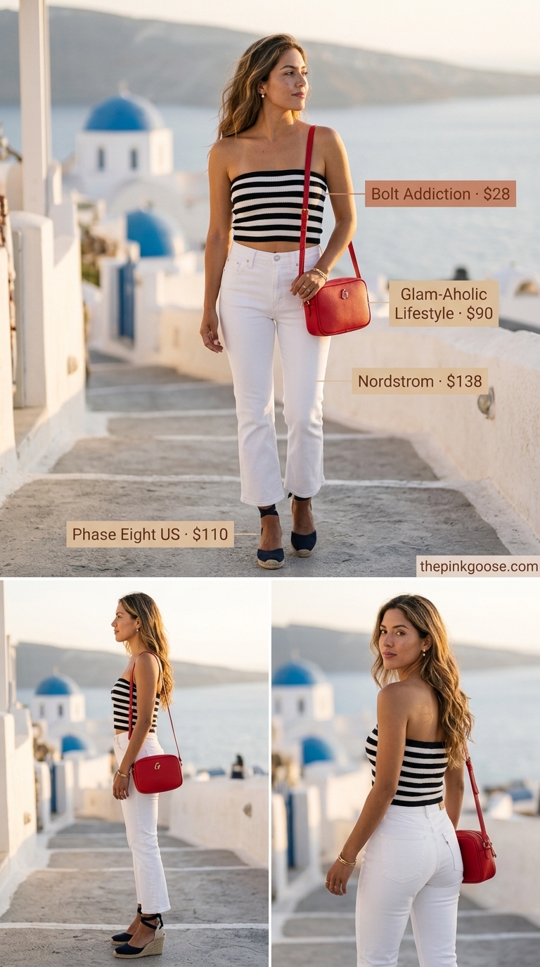 Nautical Summer Tube Top & Jeans Outfits 2026 Nautical summer tube top with jeans outfits for women 2026: Navy stripe tube top, white jeans, red bag, espadrilles.