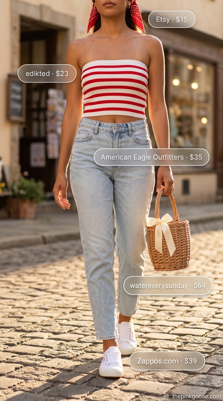 Retro Summer Picnic Tube Top & Jeans Outfits 2026 Retro Summer Picnic: Red & white striped tube top, light wash mom jeans, red bandana, wicker bag. Summer tube top with jeans outfits for women 2026.