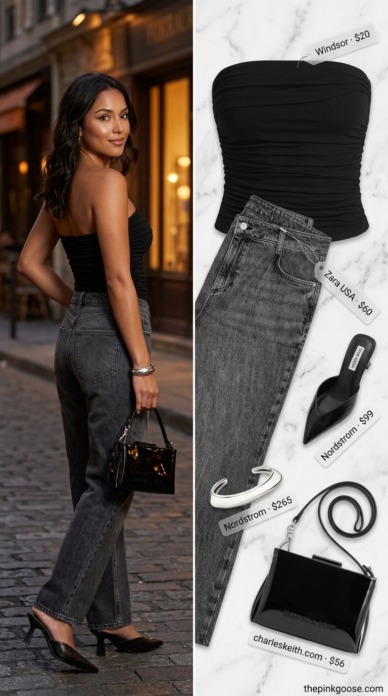 Sleek City Nights Tube Top & Jeans Outfits 2026 Sleek City Nights: Black ruched tube top, charcoal grey slim jeans, silver cuff, black mules. Summer tube top with jeans outfits for women 2026.