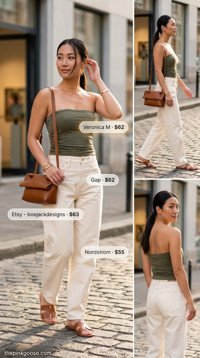 Sophisticated Safari: Tube Top & Jeans Outfits 2026 Olive green structured tube top with white barrel-leg jeans, tan slides, and cognac crossbody for chic outfits 2026.