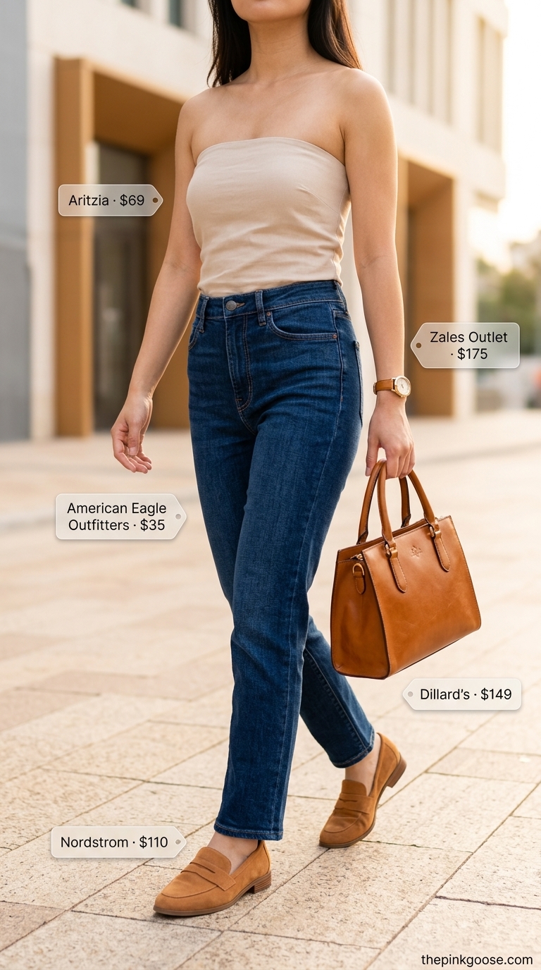 Sophisticated Summer Friday Tube Top & Jeans 2026 Sophisticated Summer Friday: Beige linen tube top, dark indigo straight jeans, tan loafers & satchel. Summer tube top with jeans outfits for women 2026.