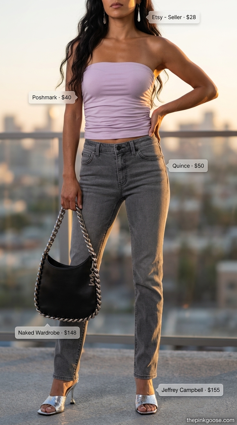 Sunset Lounge Tube Top & Jeans Outfits 2026 Sunset Lounge: Lilac ruched tube top, grey slim jeans, silver earrings, metallic heels. Summer tube top with jeans outfits for women 2026.