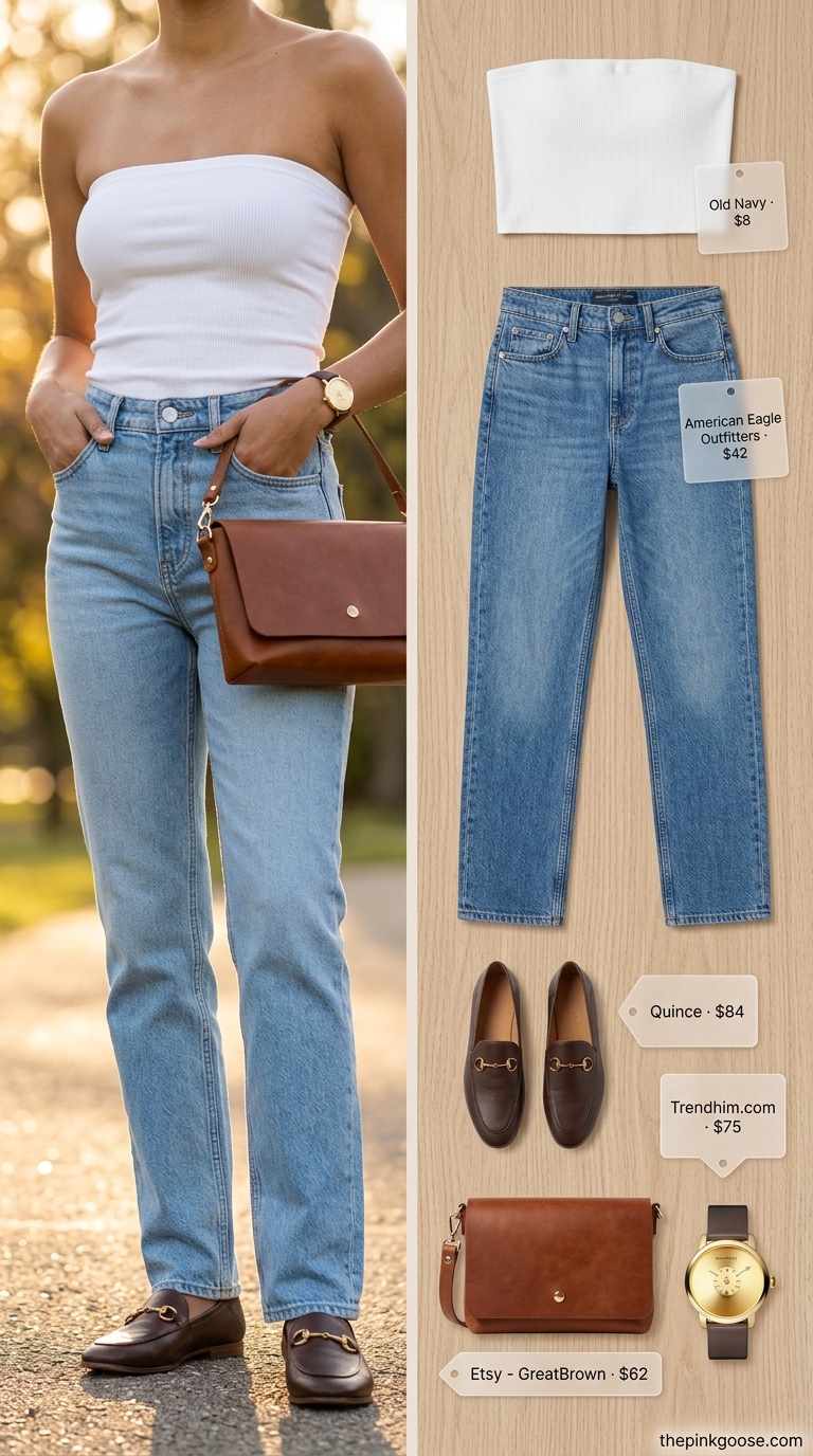 Timeless Summer Tube Top & Jeans Outfits 2026 Timeless Summer Day: White bandeau tube top, medium blue straight jeans, brown loafers & crossbody. Summer tube top with jeans outfits for women 2026.