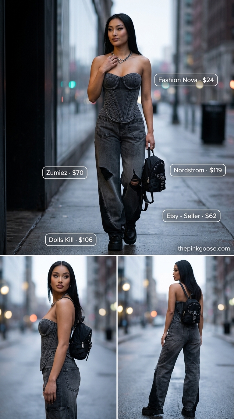 Urban Edge Rebel: Tube Top & Jeans Outfits 2026 Black denim tube top with baggy ripped jeans, combat boots, and chain necklace for edgy street style outfits 2026.