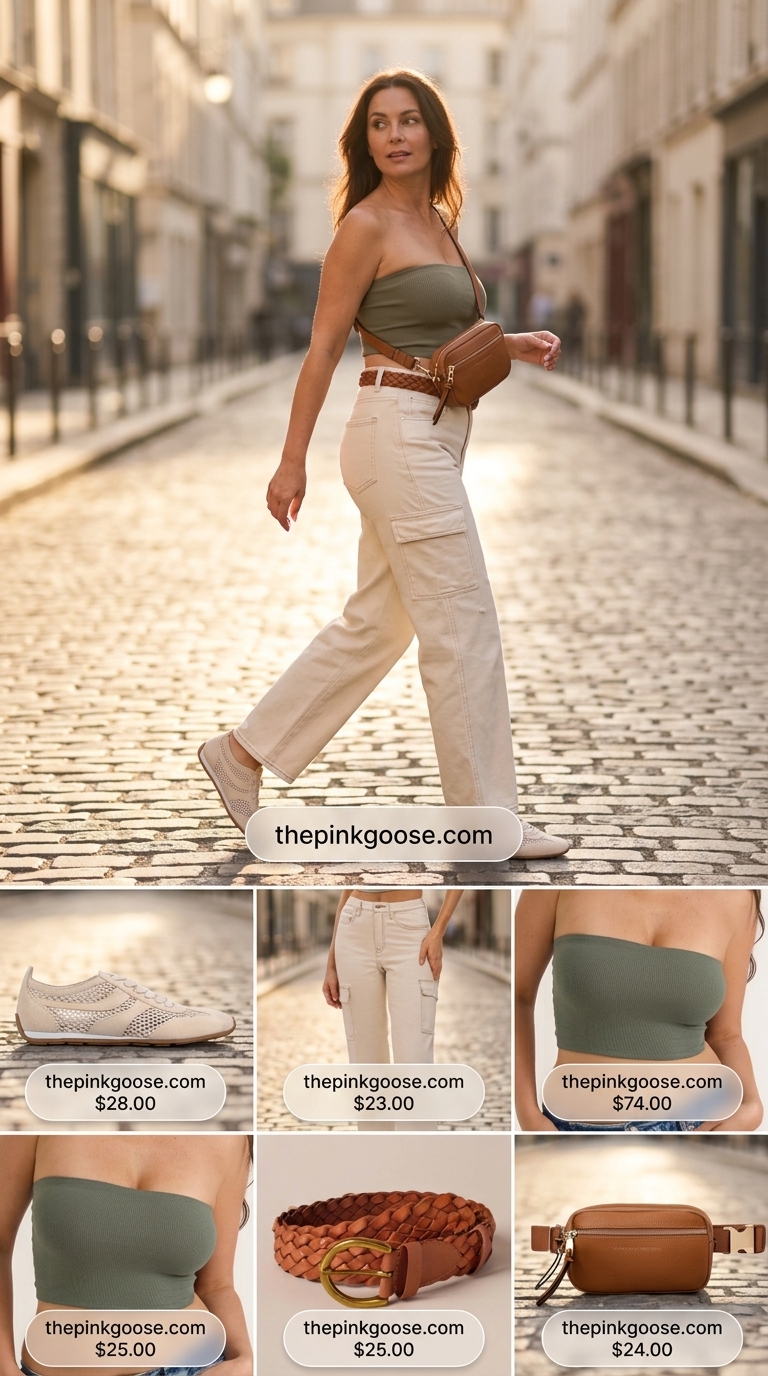 Urban Explorer: Tube Top & Jeans Outfits 2026 Khaki tube top with high-waisted utility jeans, cognac belt bag, and chunky sneakers for city exploration outfits 2026.