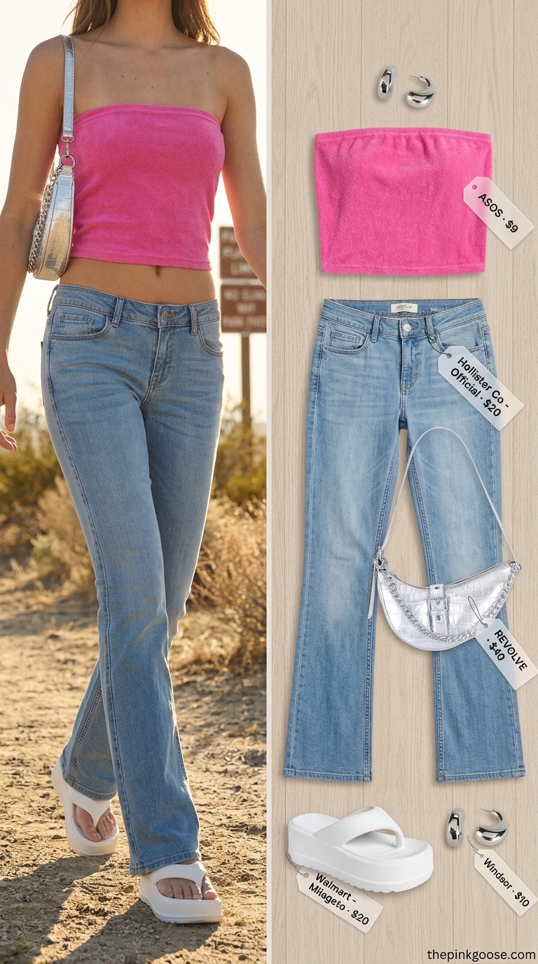 Y2K Pop Princess Tube Top & Jeans Outfits 2026 Y2K Pop Princess outfit: Hot pink tube top, light blue bootcut jeans, silver bag & hoops. Summer tube top with jeans outfits for women 2026.