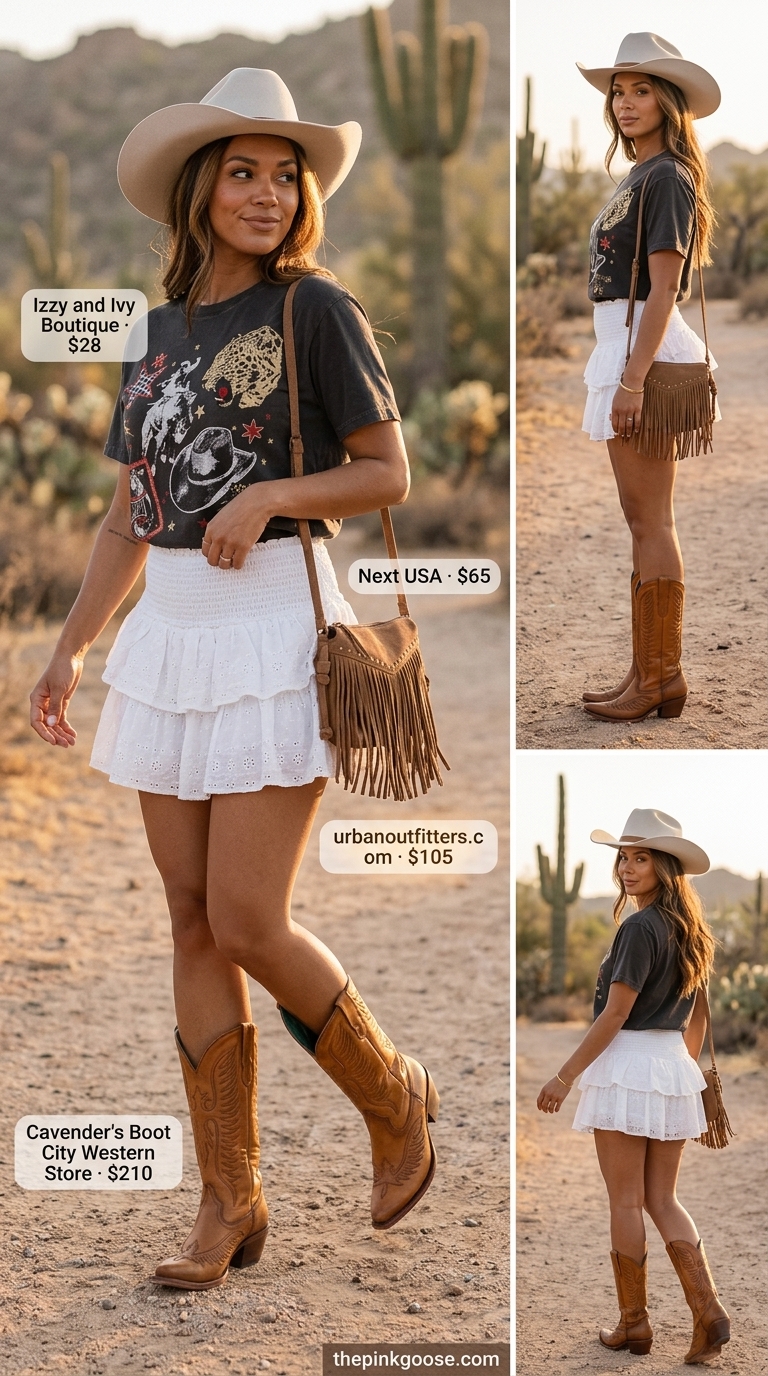 Eclectic coastal cowgirl skirt outfit for women 2026, great for summer concerts.