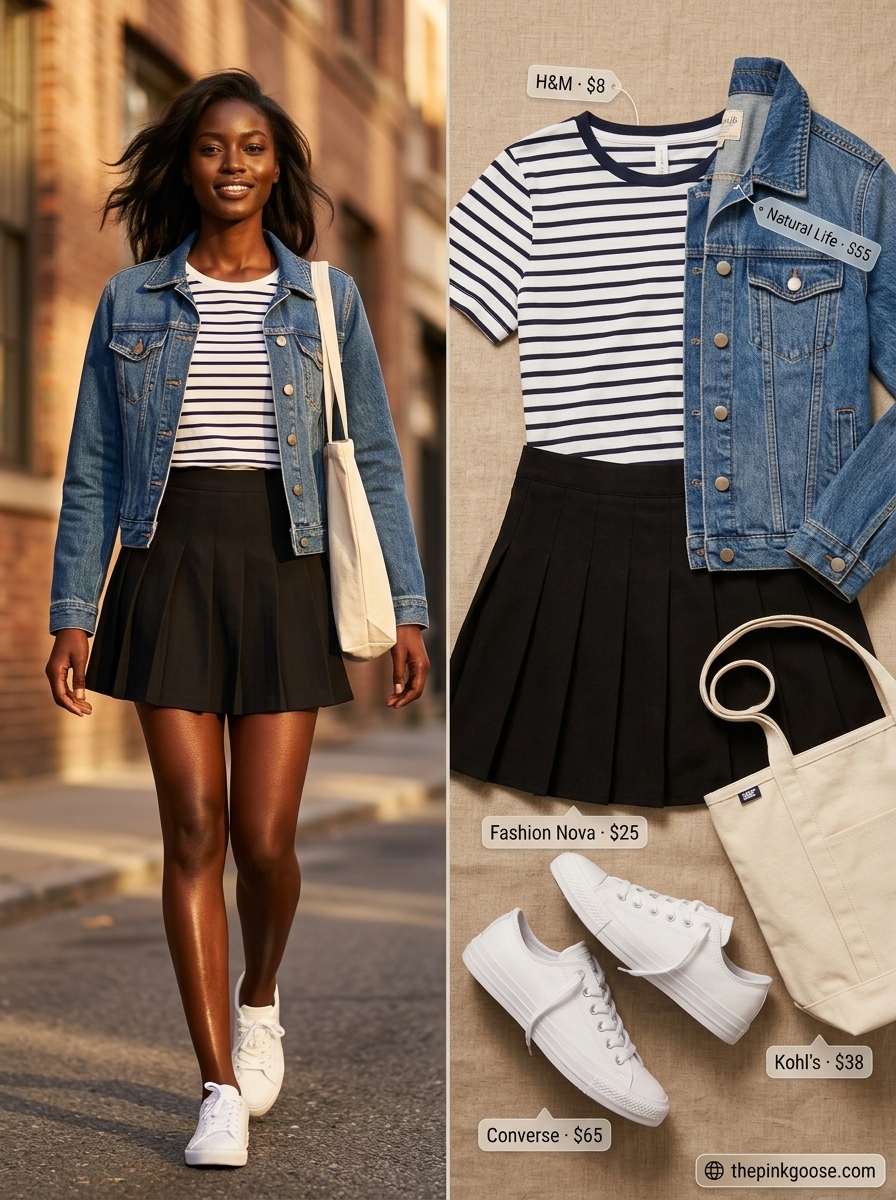 Classic casual denim mini skirt outfit for women 2026, ideal for weekend errands.