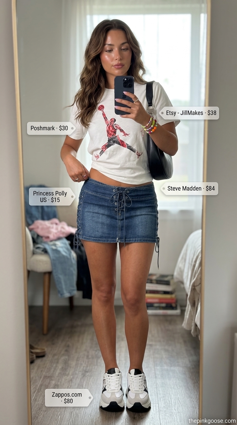 Retro Y2K denim mini skirt outfit for women 2026, ideal for music festivals and casual days.