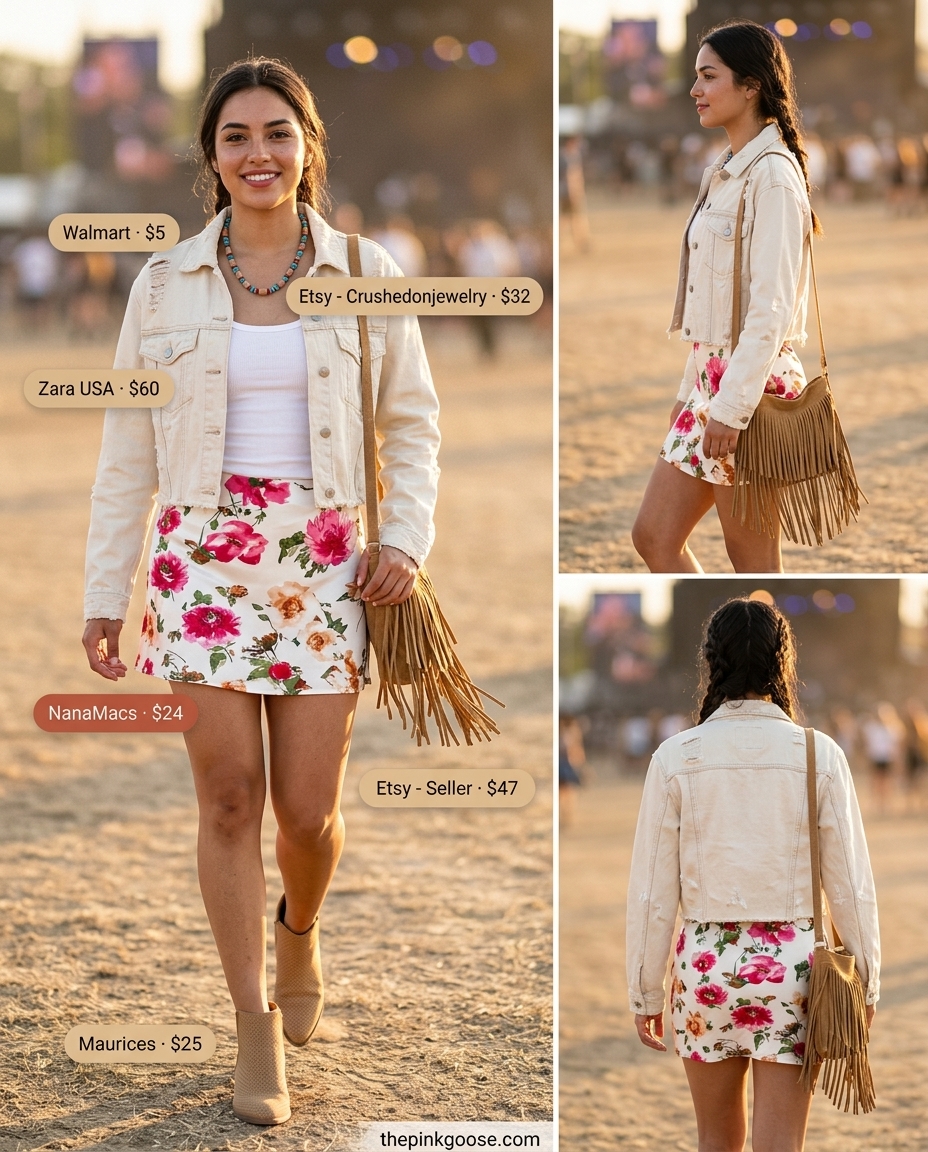 Boho festival summer ultra-mini outfit for women 2026 with floral print skirt and denim jacket.