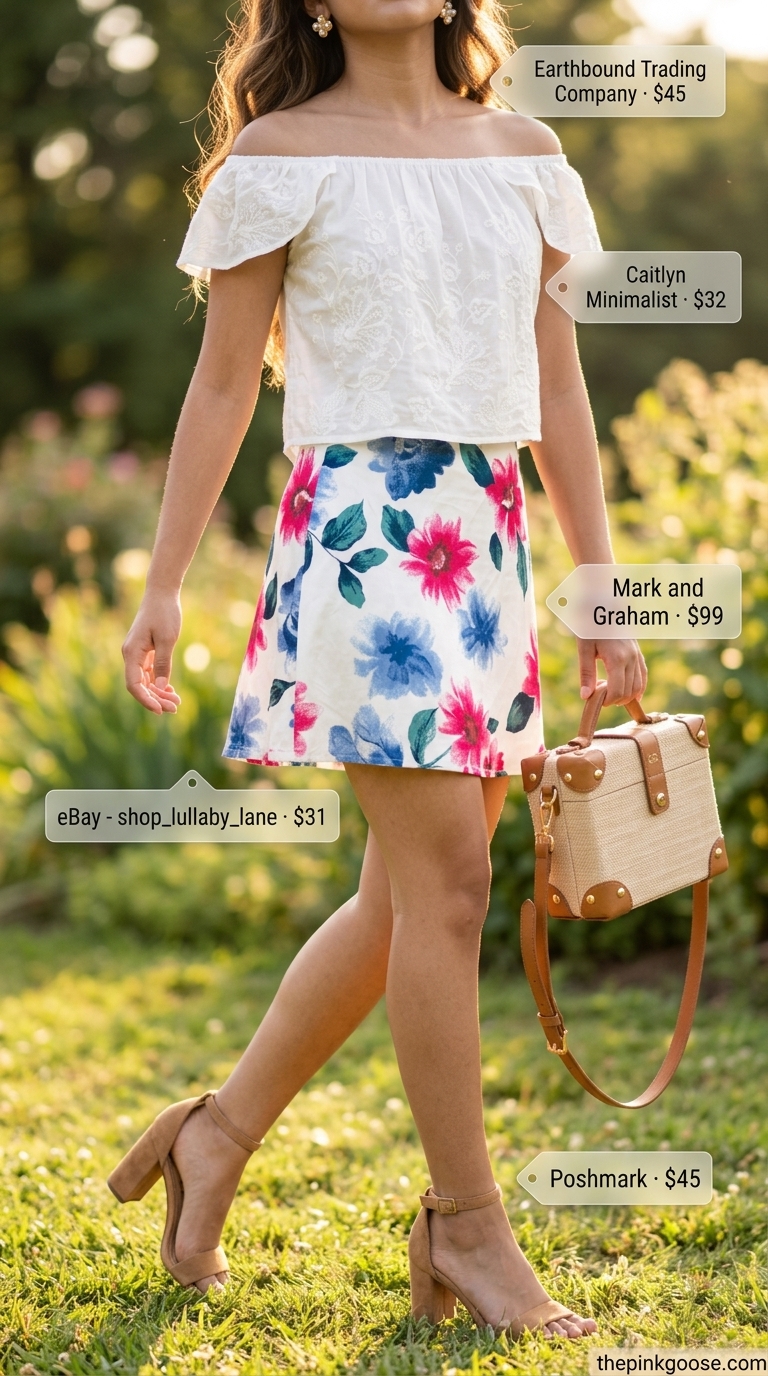 Romantic garden party outfit with pastel floral ultra-mini skirt, white peasant blouse, and block heels 2026.