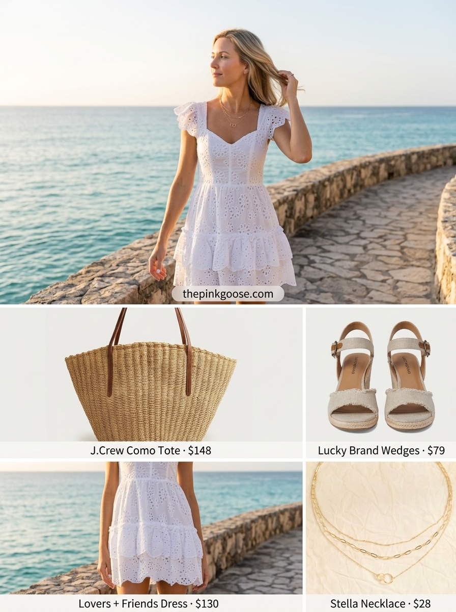 Ivory eyelet lace ultra-mini dress outfit for women 2026, perfect for sunset cruises.