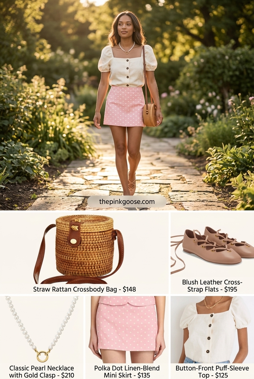 Sweet pastel pink linen ultra-mini skirt outfit with puff sleeve blouse and ballet flats for picnics 2026.