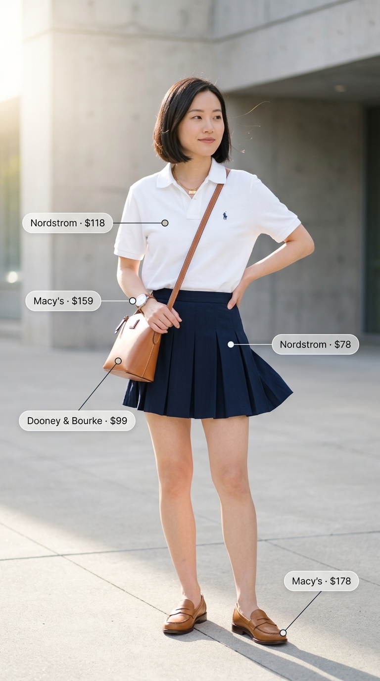 Preppy chic summer ultra-mini outfit for women 2026 with navy pleated skirt and polo shirt.