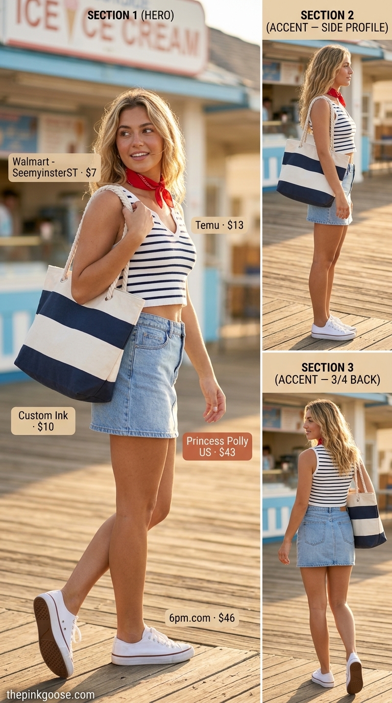 Retro beach babe summer ultra-mini outfit for women 2026 with denim skirt and striped top.