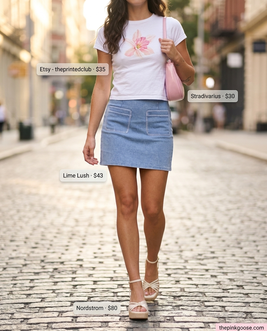 Retro Y2K summer ultra-mini outfit for women 2026 with light blue denim skirt and baby tee.