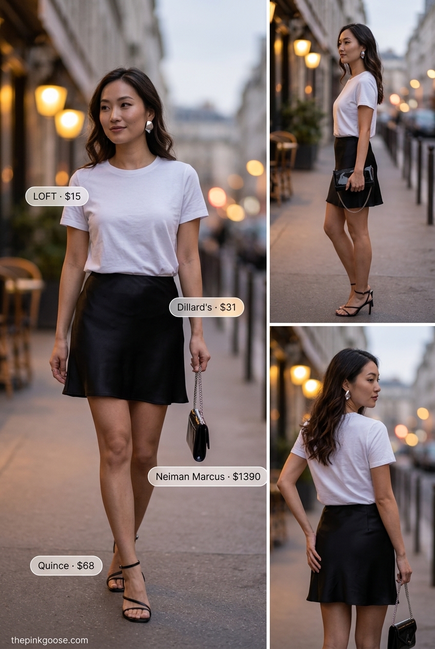 Sophisticated black satin ultra-mini skirt outfit with white tee, heeled sandals, and clutch for evenings 2026.