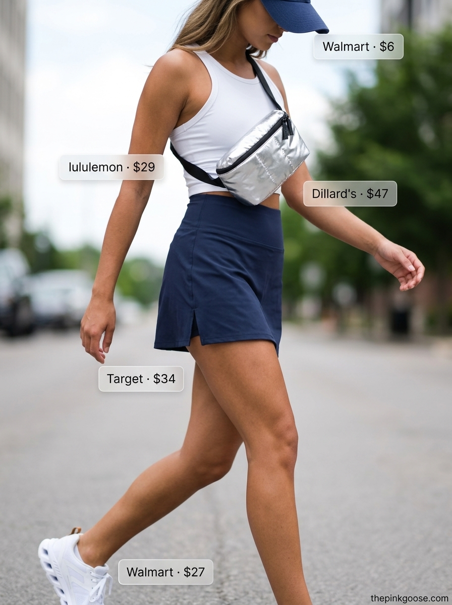 Sporty spice summer ultra-mini outfit for women 2026 with navy athletic skirt and white tank.