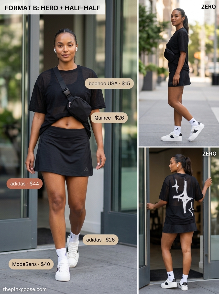 Sporty summer ultra-mini outfit for women 2026 with black skort, graphic tee, and chunky sneakers.