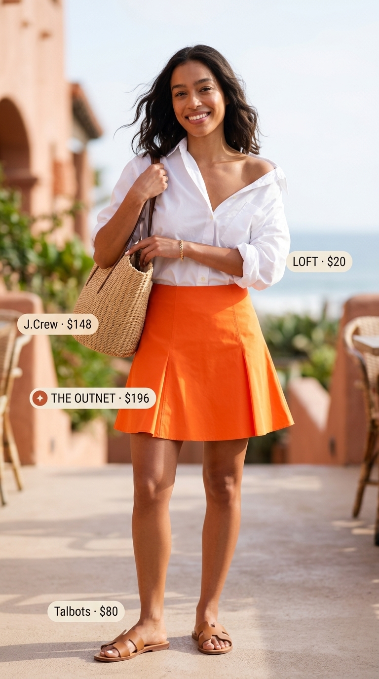 Sunset glow summer ultra-mini outfit for women 2026 with orange skirt and white oversized shirt.