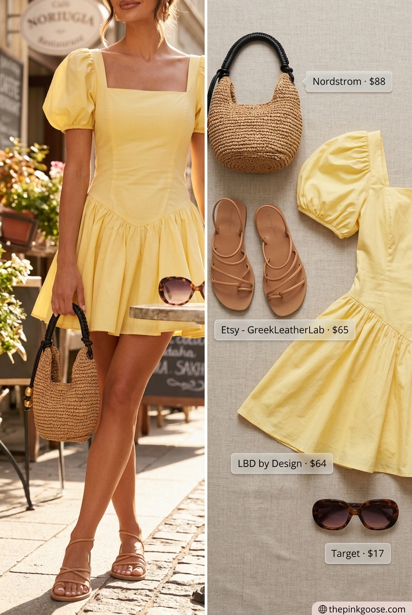 Bold yellow babydoll mini dress with puff sleeves, straw bag, and flat sandals for summer parties 2026.
