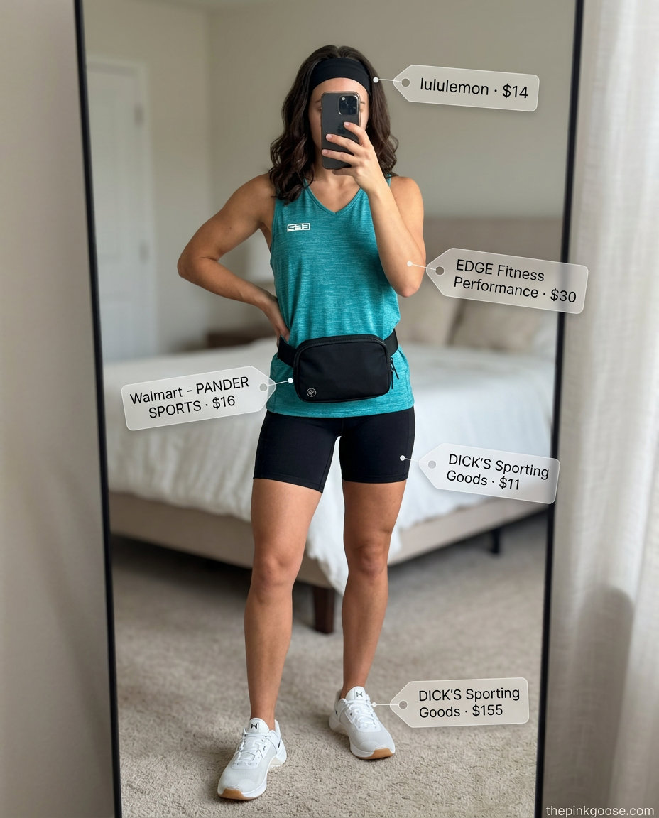 Active summer v-neck outfits women 2026: Teal performance tank, black bike shorts, athletic sneakers, and belt bag.
