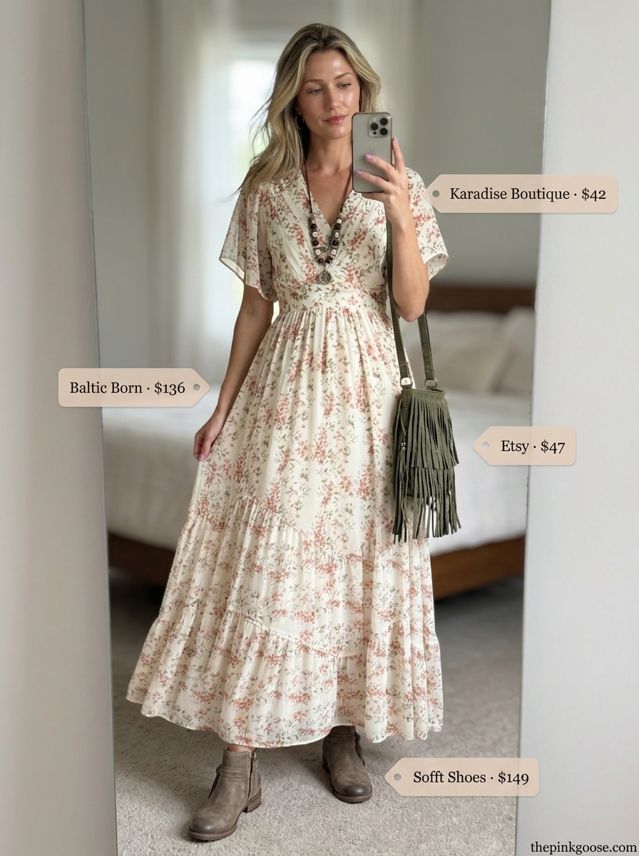 Boho summer v-neck outfits women 2026: Floral maxi dress, suede boots, layered necklaces, and fringe bag.