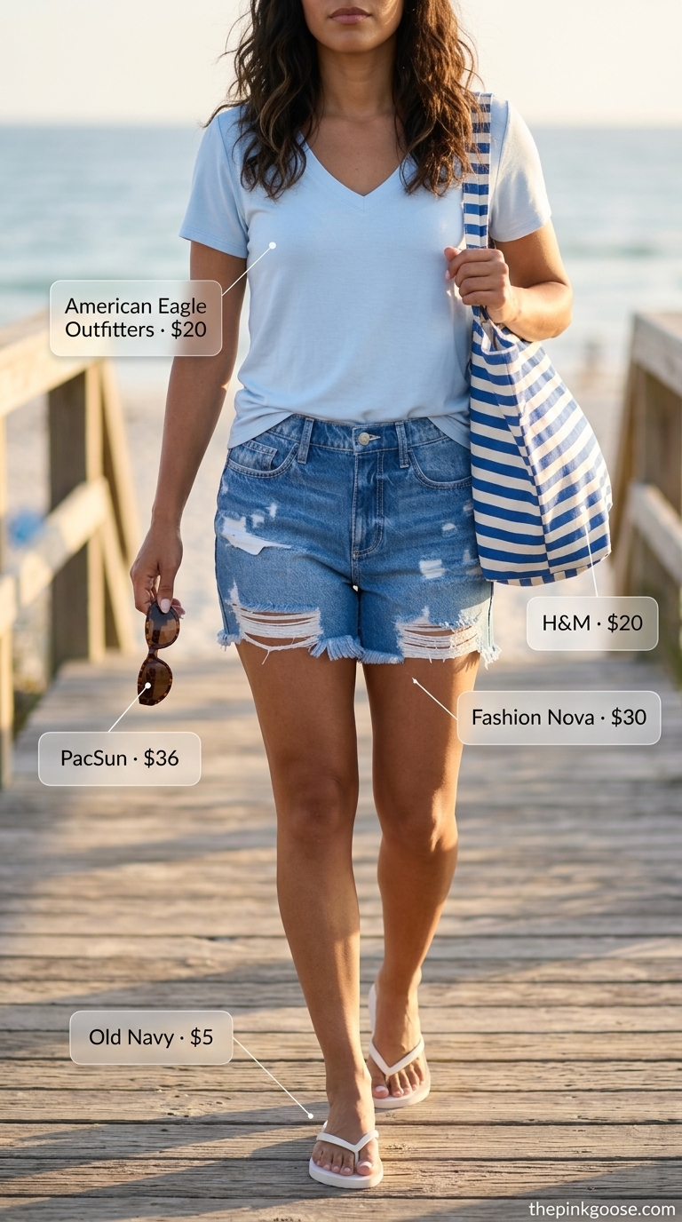 Casual light blue V-neck tee with denim shorts for summer v-neck outfits women 2026, ideal for beach days.