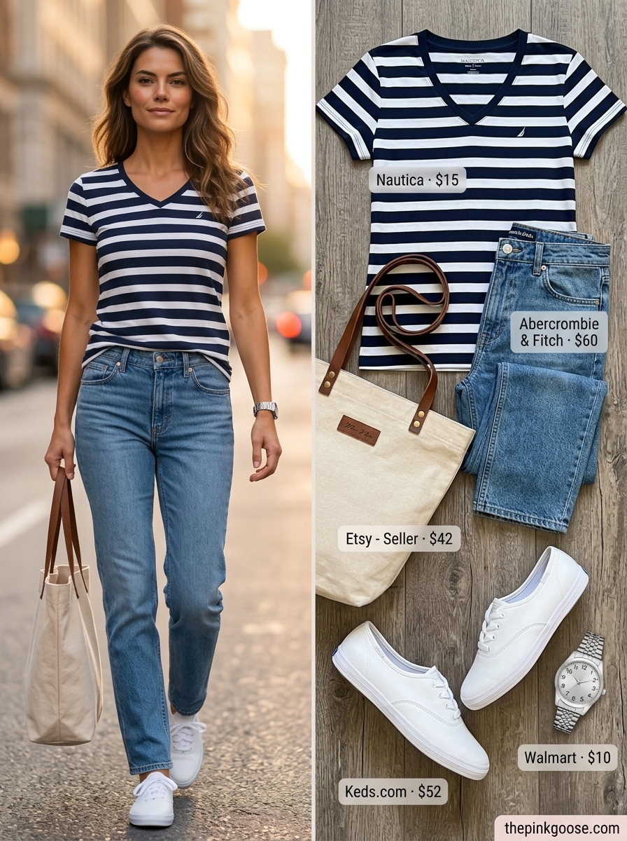 Classic navy/white striped V-neck tee with denim for summer v-neck outfits women 2026, casual Friday style.