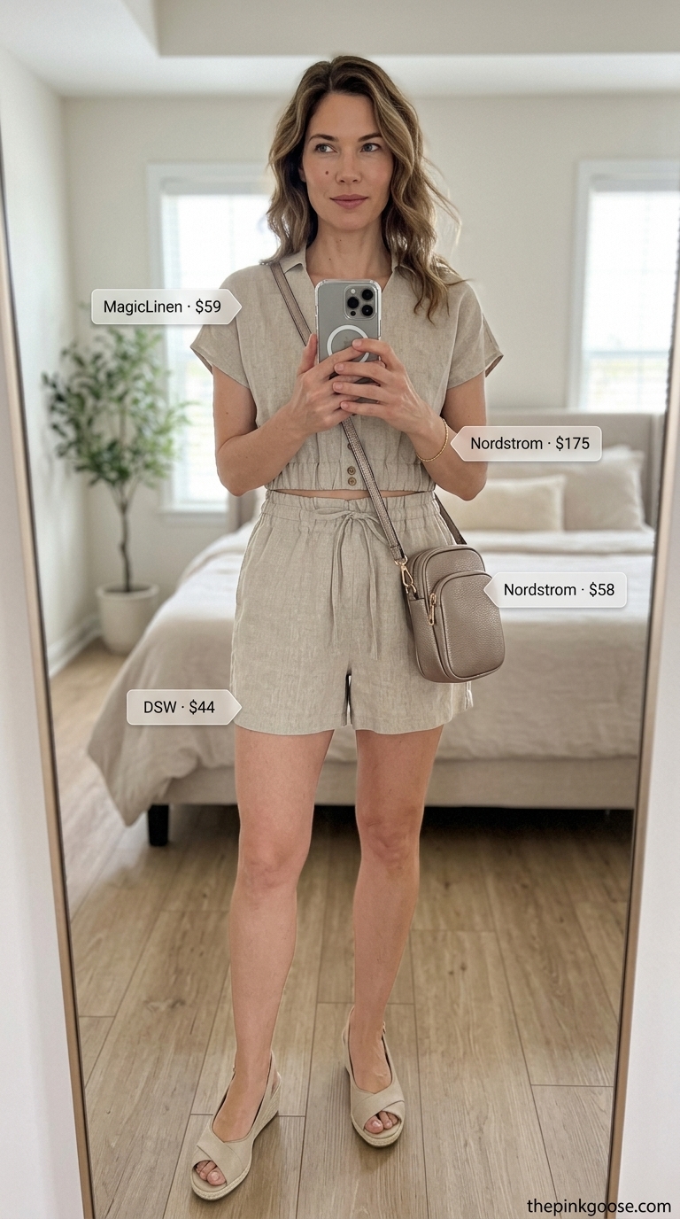 Chic summer v-neck outfits women 2026: Soft beige linen set, espadrilles, and gold crossbody bag.