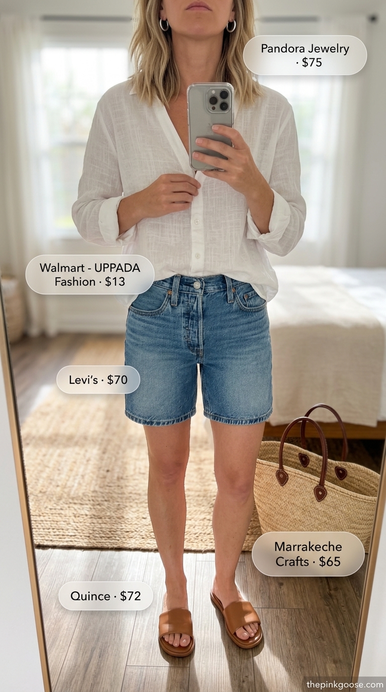 Coastal summer v-neck outfits women 2026: White linen shirt, denim shorts, slide sandals, and straw tote.