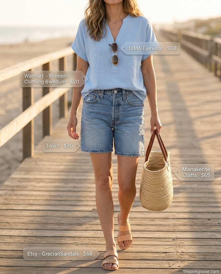 Coastal summer v-neck outfits women 2026: Light blue linen tee, denim shorts, slide sandals, and straw tote.