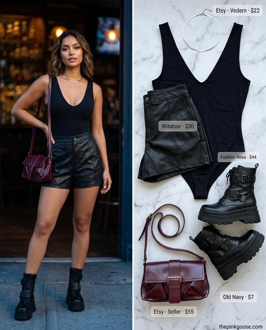Edgy summer v-neck outfits women 2026: Black faux leather shorts, bodysuit, combat boots, and silver choker.