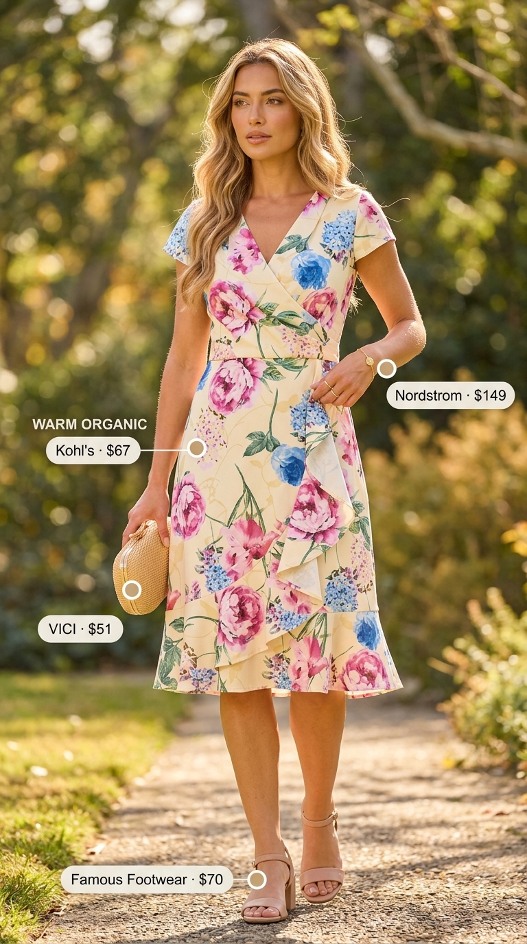 Feminine pastel floral V-neck midi wrap dress for summer v-neck outfits women 2026, perfect for garden parties.