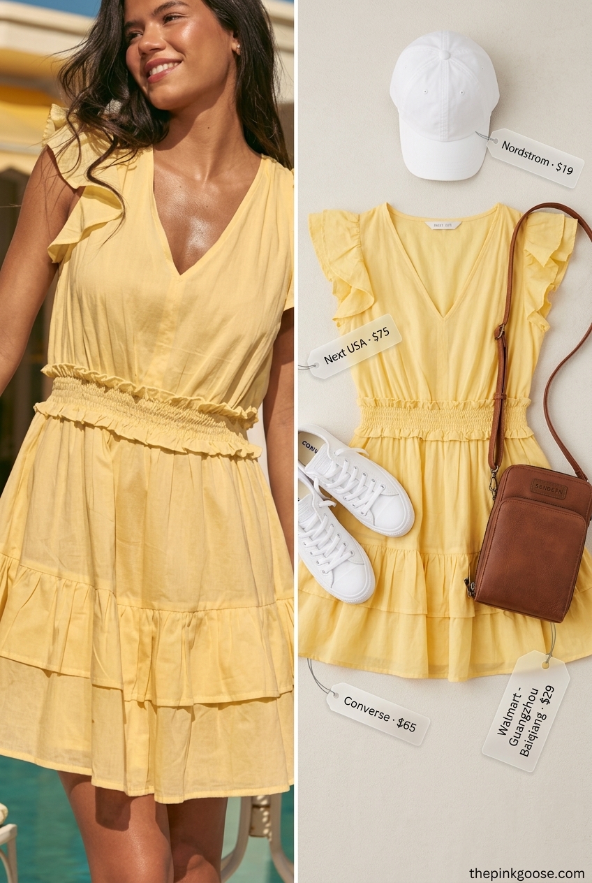 Playful summer v-neck outfits women 2026: Yellow mini dress, white sneakers, tan crossbody bag, and baseball cap.