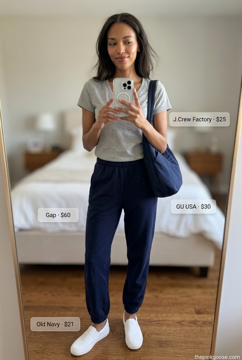 Relaxed summer v-neck outfits women 2026: Grey knit tee, navy joggers, slip-on sneakers, and crossbody bag.