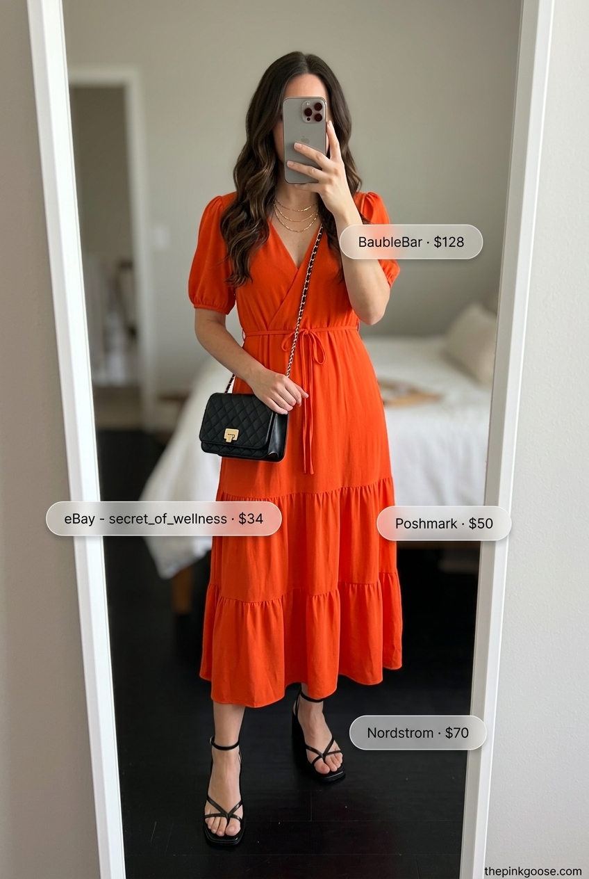 Vibrant mango orange V-neck midi wrap dress for summer v-neck outfits women 2026, perfect for date nights.