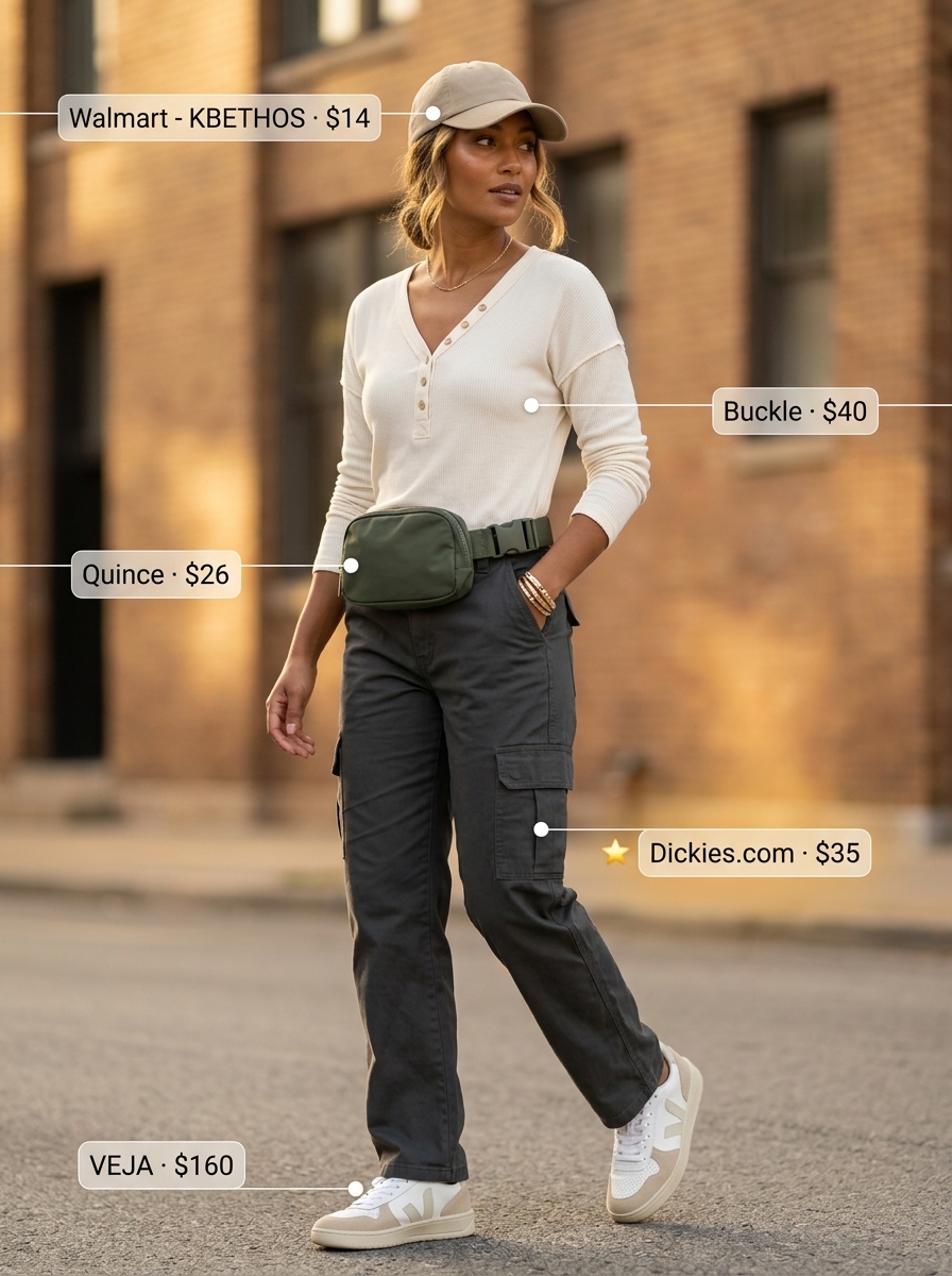 Comfortable olive green V-neck henley with cargo pants for summer v-neck outfits women 2026, weekend getaway style.