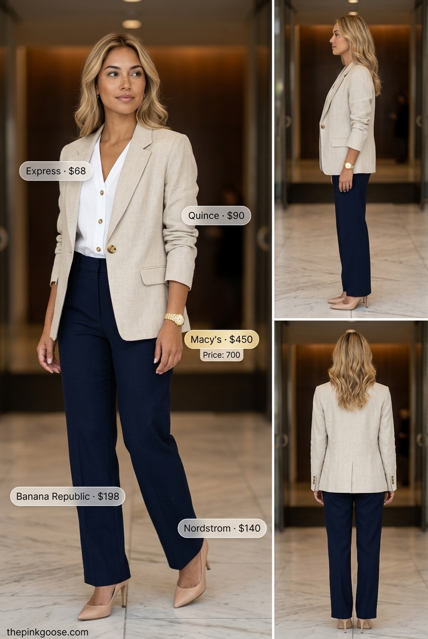 Chic Workwear V-Neck: White v-neck blouse, navy trousers, beige blazer for summer v-neck outfits women 2026.