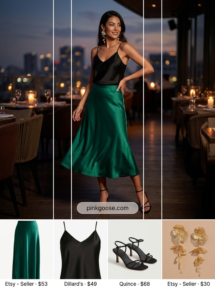 Date Night V-Neck: Black camisole top, emerald green satin skirt, strappy sandals for summer v-neck outfits women 2026.