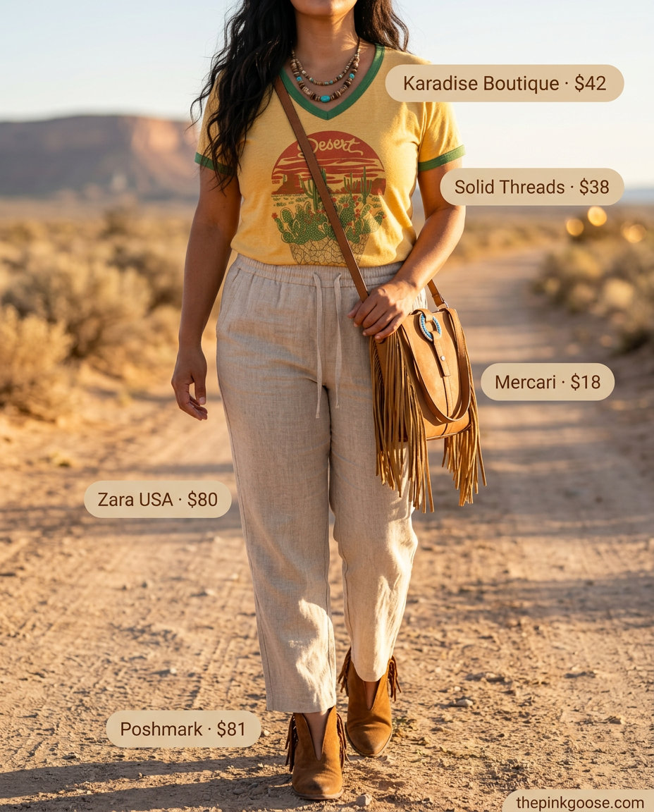 Desert Road Trip V-Neck: Terracotta graphic tee, linen pants, ankle boots for summer v-neck outfits women 2026.