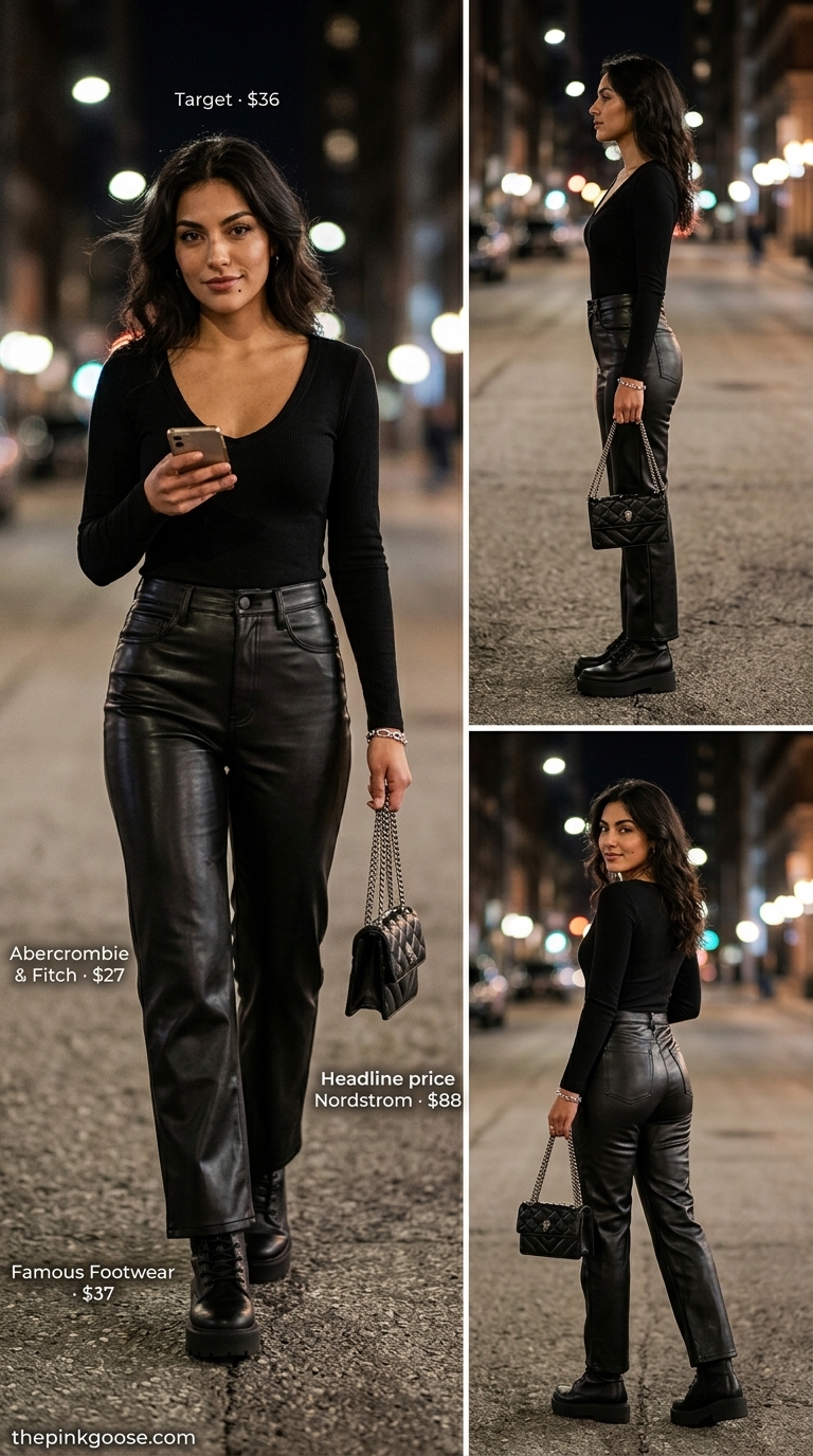 Urban Explorer V-Neck: Black fitted v-neck top, faux leather pants, combat boots for summer v-neck outfits women 2026.