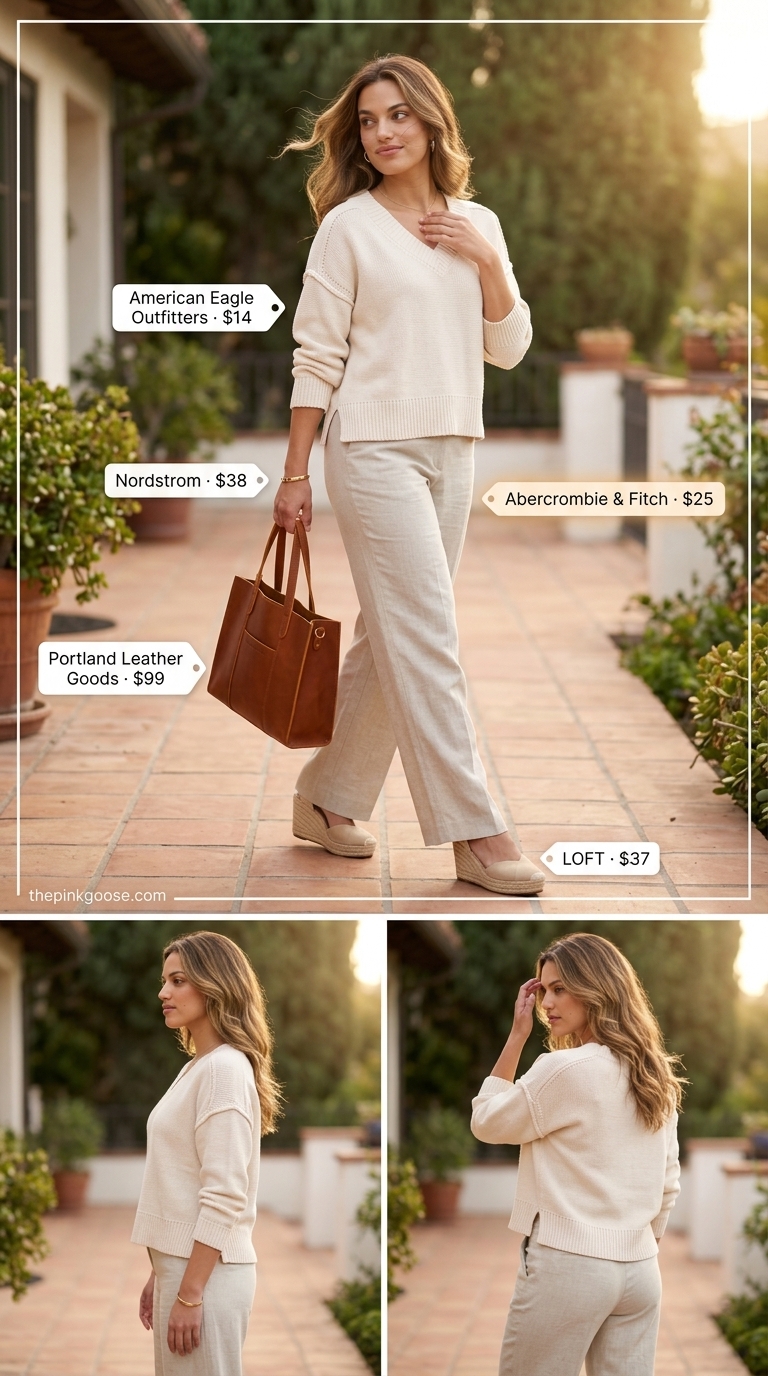 Weekend Brunch V-Neck: Off-white knit top, beige wide-leg trousers, espadrille wedges for summer v-neck outfits women 2026.