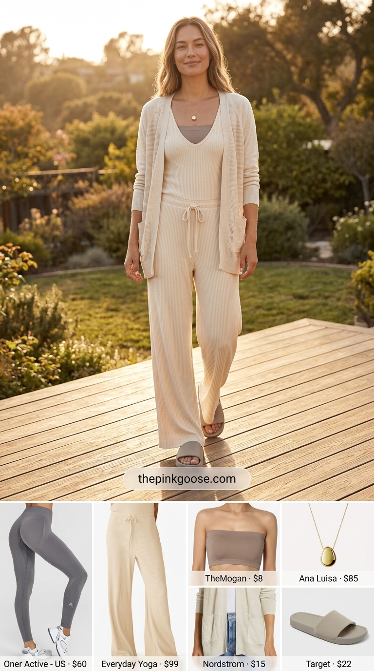 Summer Yoga Activewear for Women 2026: Comfort Retreat Relaxed cream summer yoga activewear for women 2026: jumpsuit, cardigan, bandeau bra, slip-on slides.