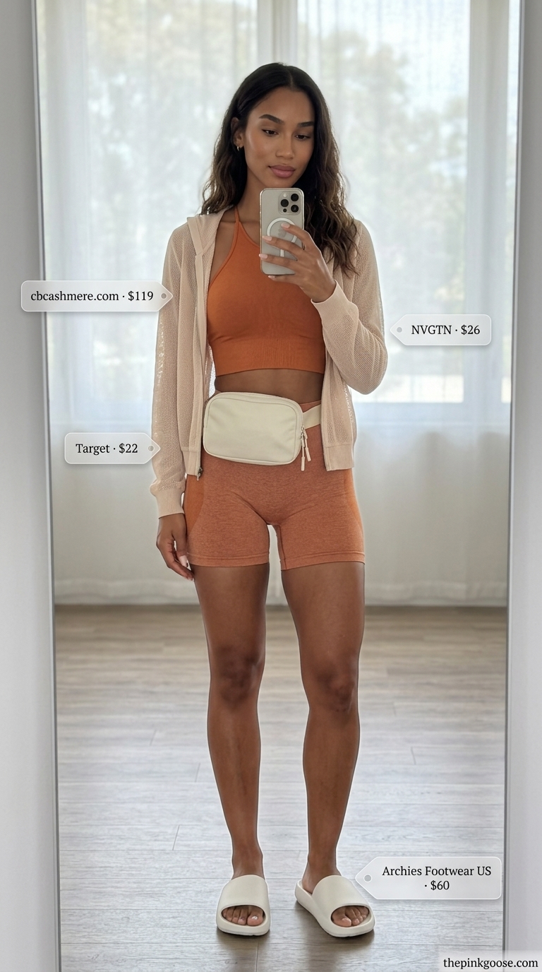 Summer Yoga Activewear for Women 2026: Desert Bloom Terracotta biker shorts and bra with nude mesh jacket for trendy summer yoga activewear for women 2026.