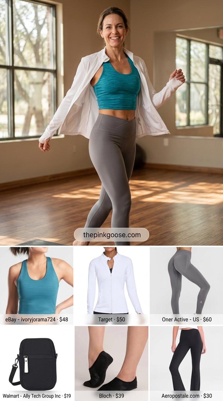 Summer Yoga Activewear for Women 2026: Empowered Flow Confident teal summer yoga activewear for women 2026: crop top, flare pants, zip-up jacket, crossbody bag.