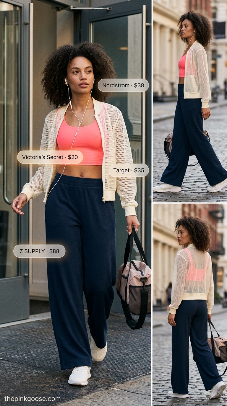 Summer Yoga Activewear for Women 2026: Free Spirit Joyful sunset coral summer yoga activewear for women 2026: sports bra, wide-leg pants, mesh jacket, belt bag.