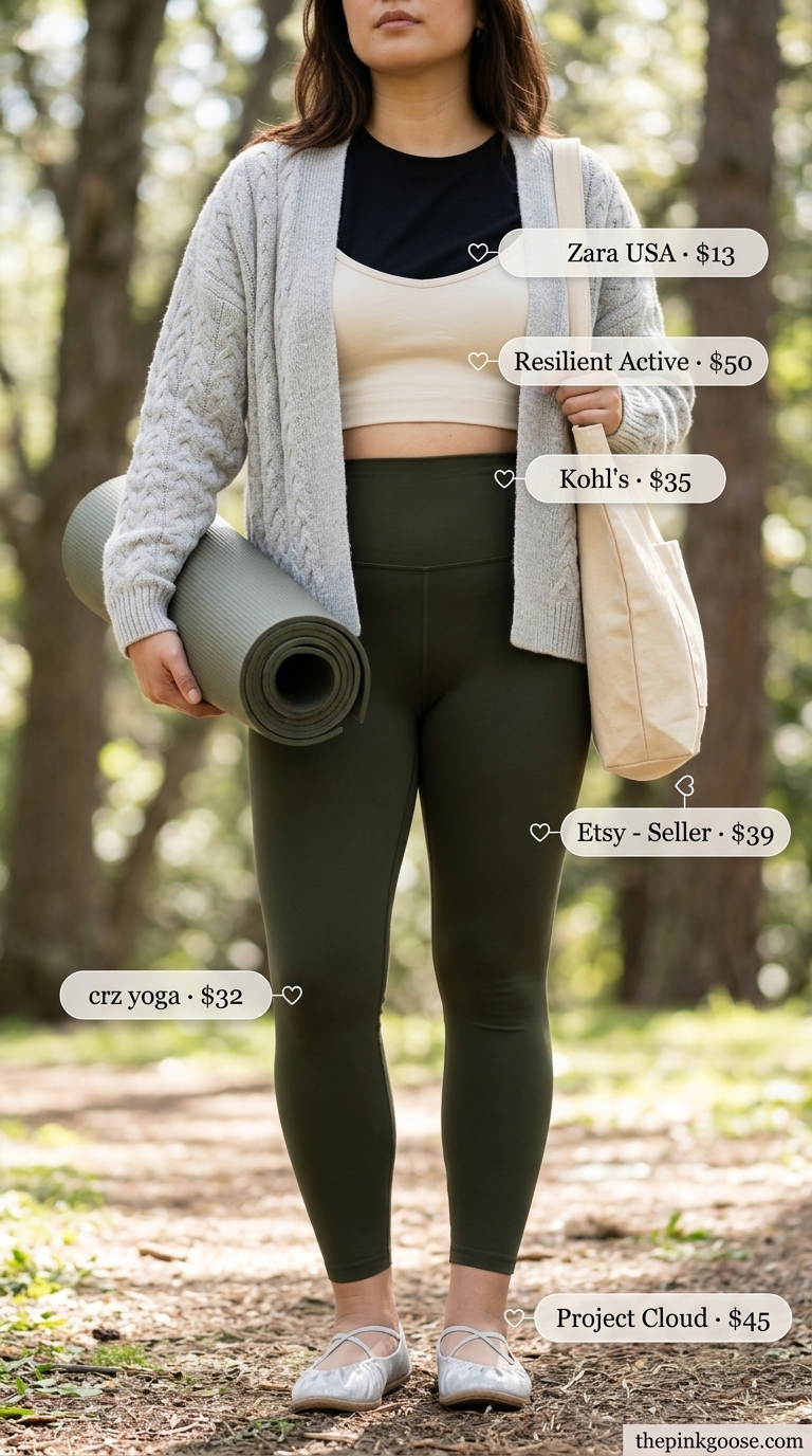 Summer Yoga Activewear for Women 2026: Grounded Style Grounded olive green summer yoga activewear for women 2026: leggings, crop top, knit cardigan, tote bag.