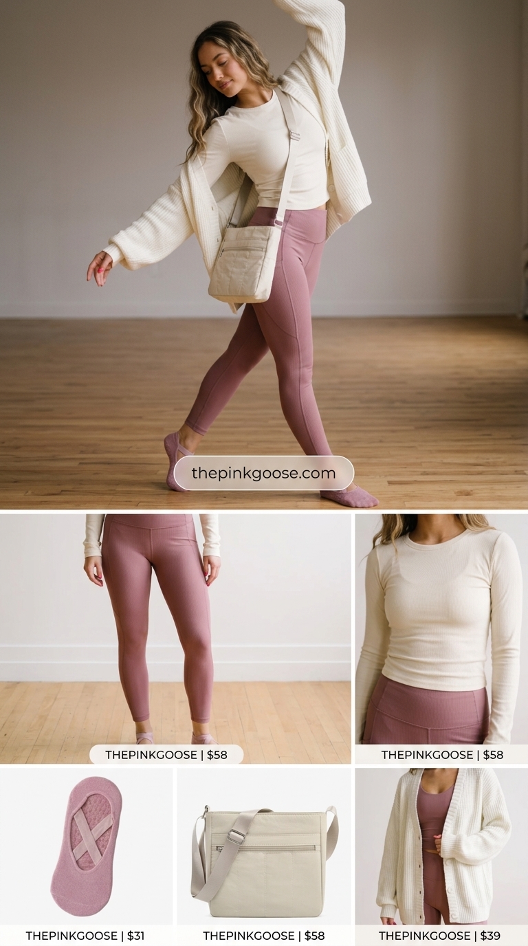 Summer Yoga Activewear for Women 2026: Harmonious Set Dusty rose matching yoga set with cream cardigan for comfortable summer yoga activewear for women 2026.
